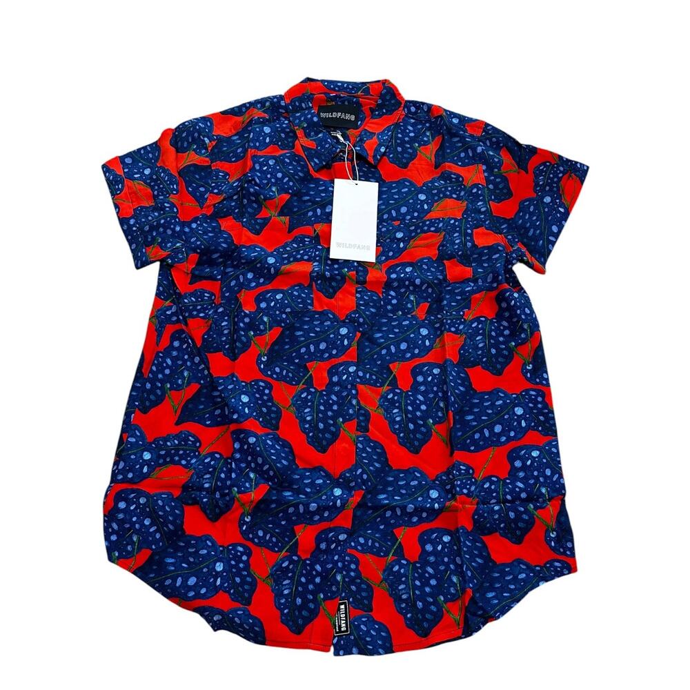 Wildfang Empower Button Up Shirt Red Blue Floral Monstera Leaf Size Small NWT - Picture 2 of 5